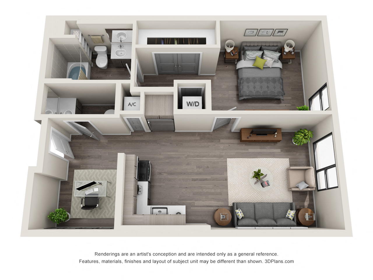 Floor plan for 1 bed, 1 bath, 800 sqft